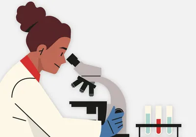 Image of a female scientist examining samples under a microscope.