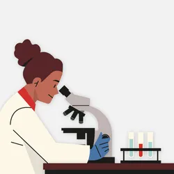 Image of a female scientist examining samples under a microscope.