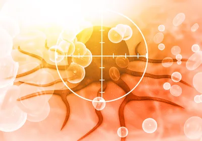 Image of a dark red tumor with transparent blood and immune cells passing by. A white cross hair target lies over the tumor, representing immunotherapy selectively attacking the cancerous cells. 