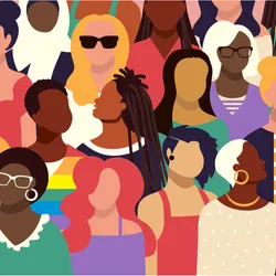 Vector illustration of a crowd of diverse women with various expressions.