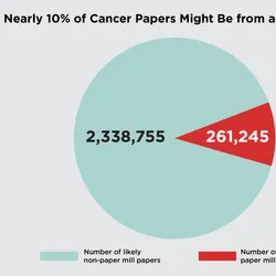 A pie chart with a red slice (261,245) that represents the number of potential paper mill papers and a green slice (2,338,755) that represents the number of cancer research articles unlikely to be from a paper mill as decided by the machine learning-based screening tool.