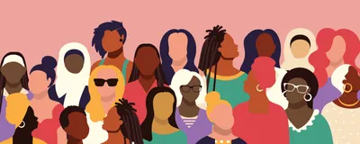 Vector illustration of a crowd of diverse women with various expressions.