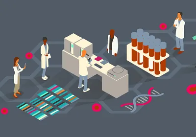 Image of six scientists conducting research. The image also features laboratory equipment, including a microscope and sample tubes.