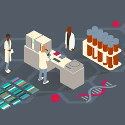 Image of six scientists conducting research. The image also features laboratory equipment, including a microscope and sample tubes.