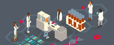 Image of six scientists conducting research. The image also features laboratory equipment, including a microscope and sample tubes.