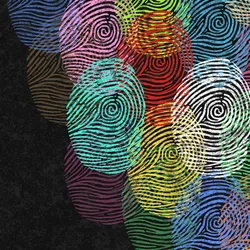 Multi-colored fingerprints, representing diversity, are shown against a black background.