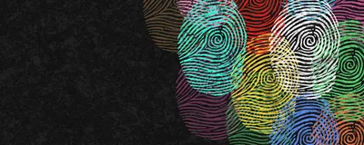 Multi-colored fingerprints, representing diversity, are shown against a black background.