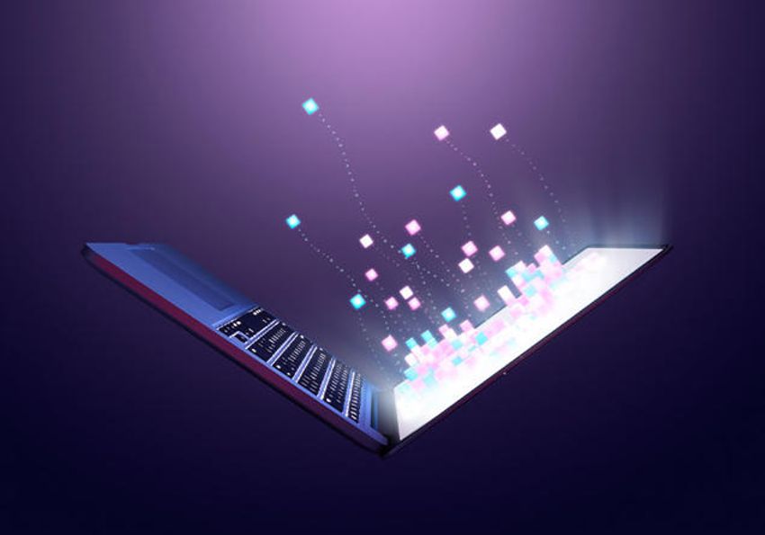 Data represented by blue and pink cubes flowing into a laptop