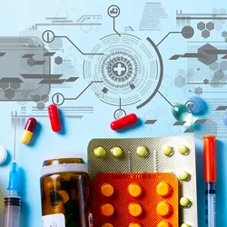Conceptual photo of various pharmaceutical products, like a bottle of pills, needle and syringe, and thermometer, on a blue background. At the top of the image is a futuristic looking icon with dialogue boxes and healthcare-related imagery.