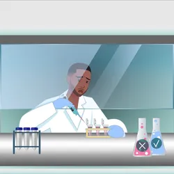 Image of Muunda Mudenda working in a biosafety hood. He holds a micropipette in his hand with a look of horror on his face as he realizes that he accidentally added the wrong reagent to his samples.