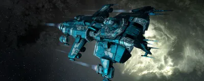 Image of a blue spaceship in space.