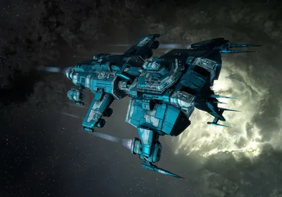 Image of a blue spaceship in space.