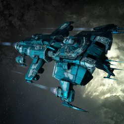Image of a blue spaceship in space.