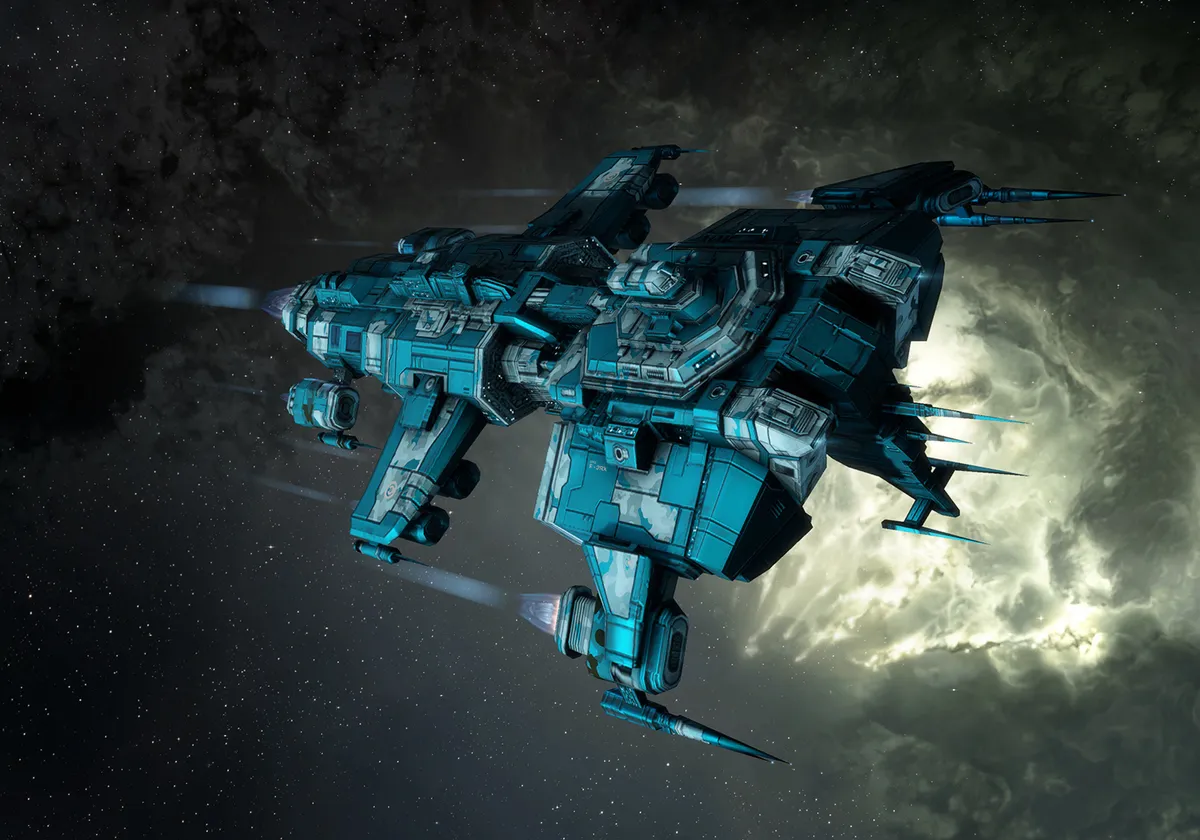 Image of a blue spaceship in space.