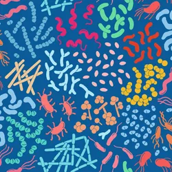 Vector image of various microorganisms, including beneficial bacteria and probiotics, against a blue background.