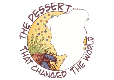 Image of a circular logo. A woman’s side profile dominates the right side of the circle, while the innermost section depicts colorful illustrations of microbes. The text wrapping around the logo says, “The Dessert that Changed the World.”