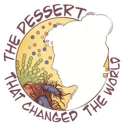 Image of a circular logo. A woman’s side profile dominates the right side of the circle, while the innermost section depicts colorful illustrations of microbes. The text wrapping around the logo says, “The Dessert that Changed the World.”