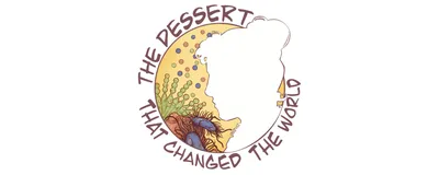 Image of a circular logo. A woman’s side profile dominates the right side of the circle, while the innermost section depicts colorful illustrations of microbes. The text wrapping around the logo says, “The Dessert that Changed the World.”
