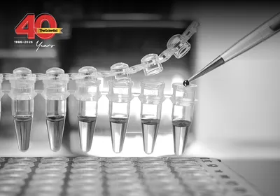 A scientist pipets loading dye into PCR reaction tubes suspended over the wells of a thermocycler in a research lab. The Scientist’s 40th Anniversary banner is shown in the top left corner.