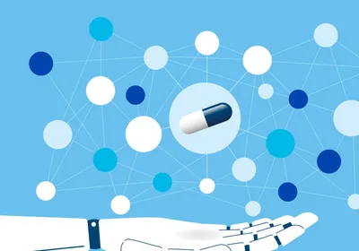 A vector illustration showing a human head silhouette with a network around a capsule pill, representing AI-designed drugs and healthcare technology.