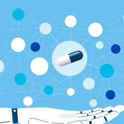 A vector illustration showing a human head silhouette with a network around a capsule pill, representing AI-designed drugs and healthcare technology.