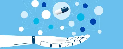 A vector illustration showing a human head silhouette with a network around a capsule pill, representing AI-designed drugs and healthcare technology.