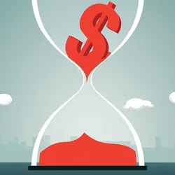 Vector image showing an hourglass with a red dollar bill sign in the top of the glass trickling into red sand in the bottom, representing delays in research grant funding.
