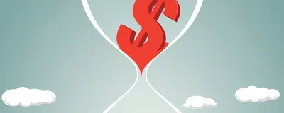 Vector image showing an hourglass with a red dollar bill sign in the top of the glass trickling into red sand in the bottom, representing delays in research grant funding.