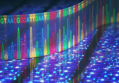 A graphic of a DNA sequence, showing the different nucleotides represented by A, G, C, and T