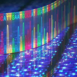 A graphic of a DNA sequence, showing the different nucleotides represented by A, G, C, and T
