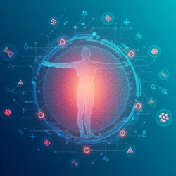 An illustration showing an individual in a circle, surrounded by biology icons to indicate their personalized clinical data.