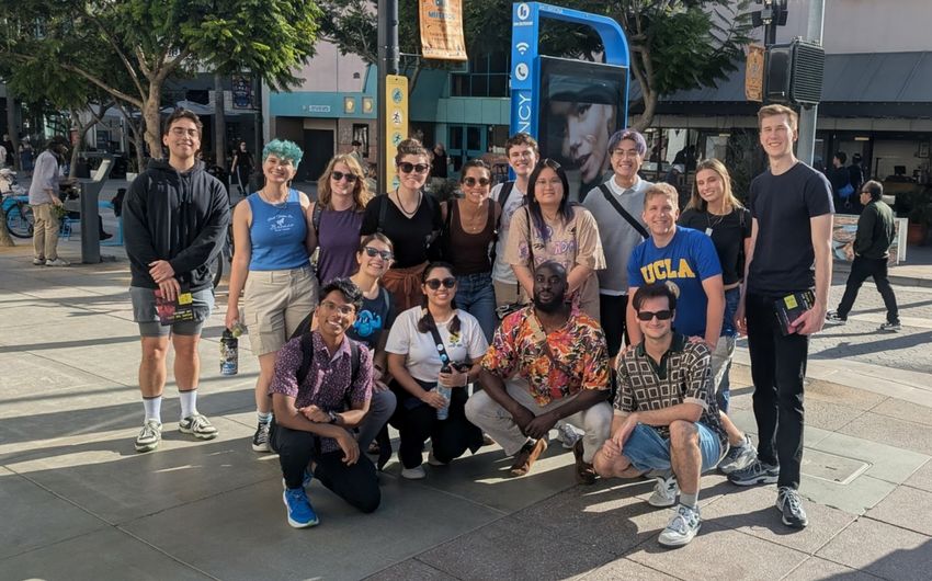 This photograph shows the Pernas Lab at a social event in Santa Monica. From left to right in the top row: Christian Aguirre, Marta Olson, Amy Prichard, Silvia Reato, Lena Pernas, Brady Ward, Sarah Sun, Alvin Chau, Sam Leistiko, Hannah Riel, and Tim Bartsch. From left to right in the bottom row: Rishik Gandhasri, Melissa Heredia, Nelly Escalante, Temitope Ademolue, and Nick Coburn. Not pictured: Sebastian Kreimendahl, José Delgado, and Cindy Chau.