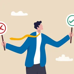 A person holding two placards, one with a green tick and one with a red cross mark, signifying the decisions researchers have to make daily that straddle the line of questionable research practices.