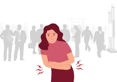 A vector illustration depicts a woman experiencing abdominal pain, a common symptom for those managing chronic conditions like endometriosis.