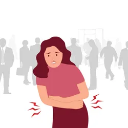 A vector illustration depicts a woman experiencing abdominal pain, a common symptom for those managing chronic conditions like endometriosis.