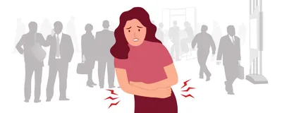 A vector illustration depicts a woman experiencing abdominal pain, a common symptom for those managing chronic conditions like endometriosis.