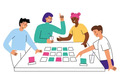 Illustration of some kids playing card games, signifying STEM games.
