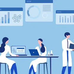 A drawing of a group of five researchers working together but in independent teams in a biology research hub.
