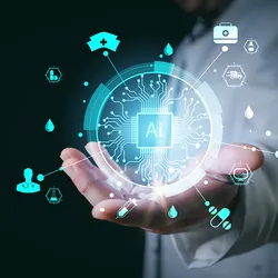 Conceptual image of AI technology in the biosciences, showing an AI hologram in the palm of a scientist’s hand.