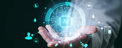 Conceptual image of AI technology in the biosciences, showing an AI hologram in the palm of a scientist’s hand.
