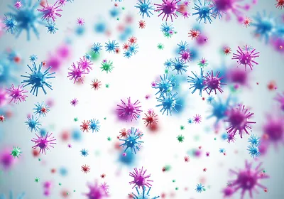 Conceptual 3D image of multicolored viruses on a white background.