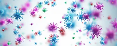 Conceptual 3D image of multicolored viruses on a white background.