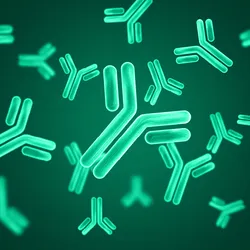 Conceptual image of blue antibody molecules on a dark background.