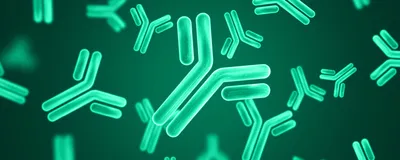 Conceptual image of blue antibody molecules on a dark background.