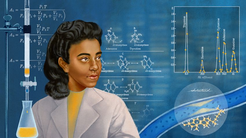 An artist’s portrait of Marie Maynard Daly in a white lab coat and yellow top standing in front of chemical structures of nucleotide bases and a drawing of a blood vessel with the word cholesterol next to it.