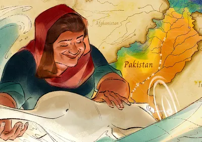 An artist’s portrait of Uzma Khan holding an Indus River dolphin in front of a map of Pakistan.