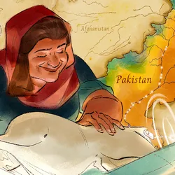 An artist’s portrait of Uzma Khan holding an Indus River dolphin in front of a map of Pakistan.
