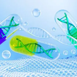 A futuristic 3D composition showcasing a silver DNA strand beside three transparent glass capsules, each of which contains DNA fragments, indicating CRISPR therapies. 