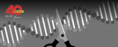 A pair of scissors cutting DNA, signifying CRISPR-Cas9. The Scientist's 40th anniversary logo is seen in the top left corner.