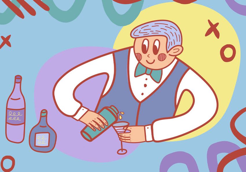 Image of a cartoon bartender in a tuxedo preparing cocktails.